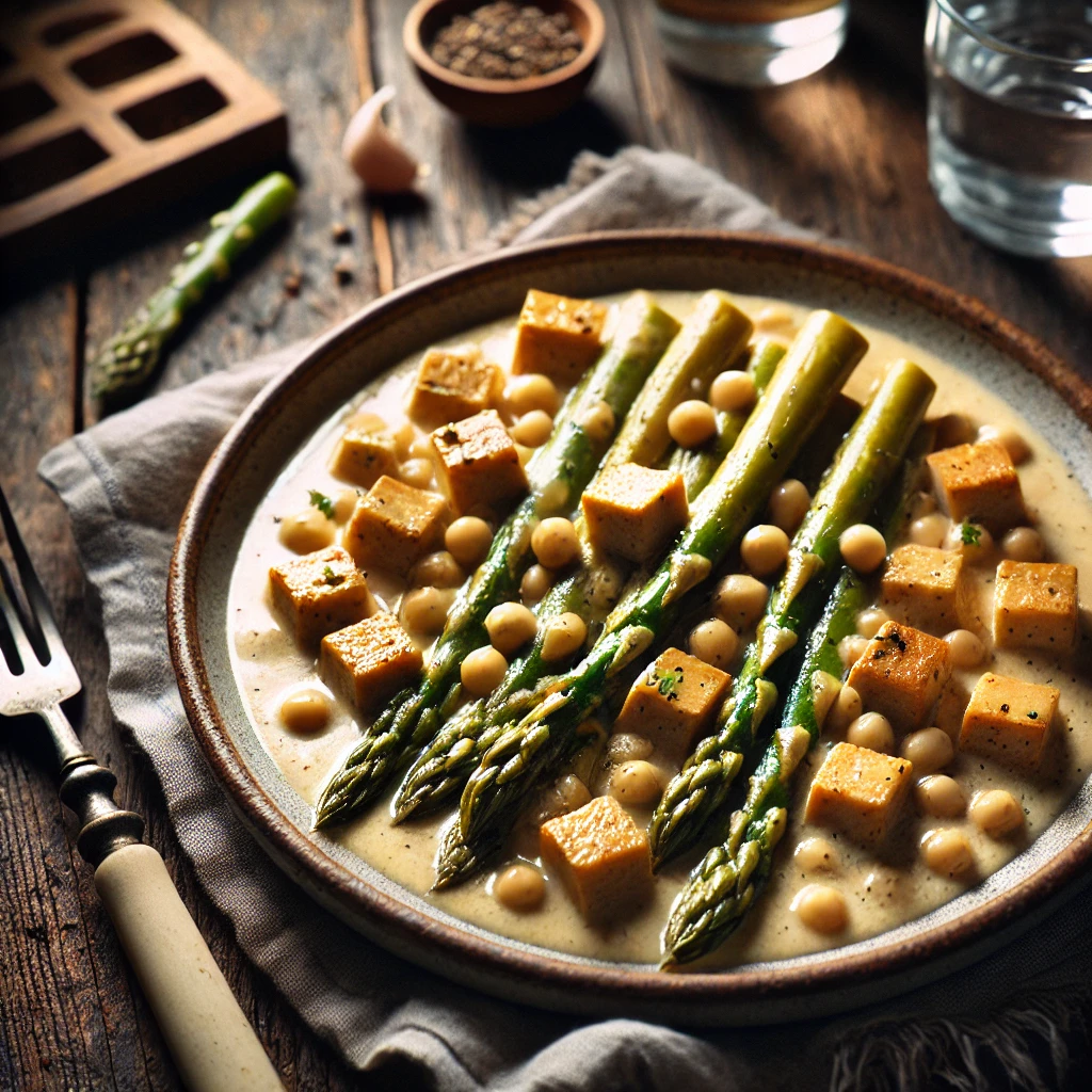 Ein leichtes und gesundes Ragout aus frischem Spargel und Tofu, verfeinert mit einer cremigen, pflanzlichen Sauce. Perfekt für ein veganes Mittag- oder Abendessen.<br>Serviert mit Reis oder Quinoa.