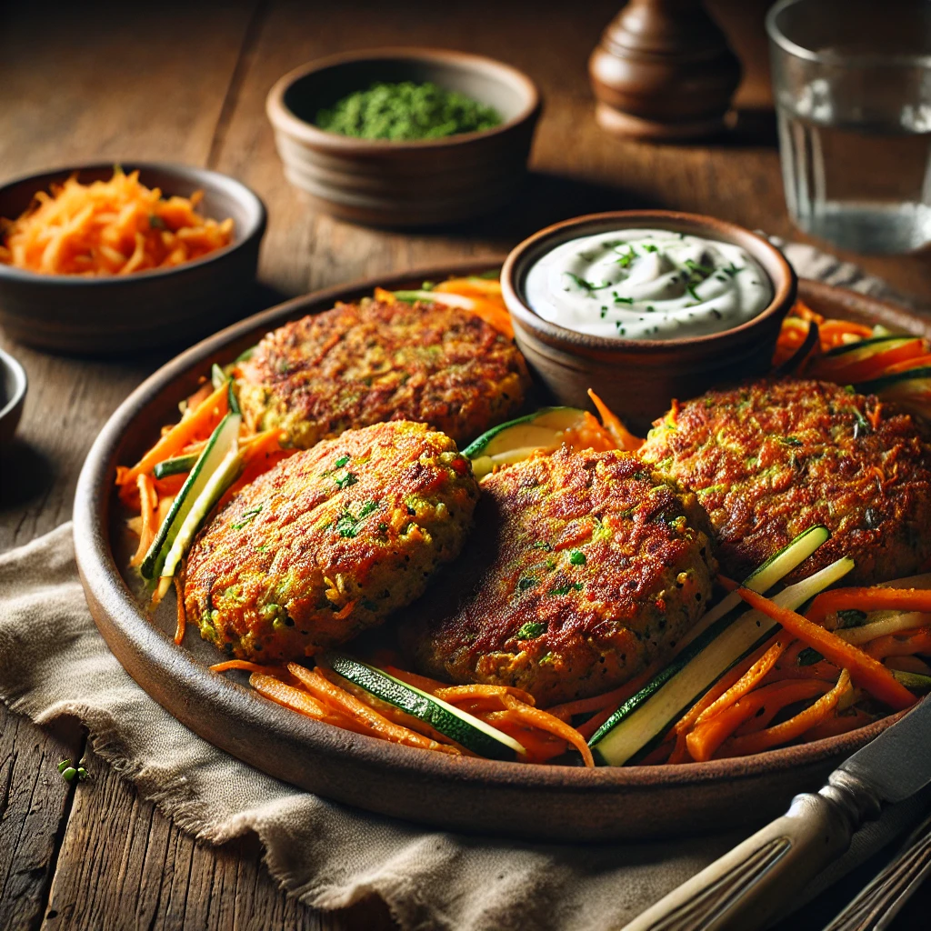 Leckere Frikadellen aus einer Mischung von geriebenem Gemüse, ideal für Vegetarier. Perfekt als Beilage oder als Hauptgericht, serviert mit einem frischen Salat.<br>Serviert mit einem Kräuterdip oder einer leichten Joghurtsauce.