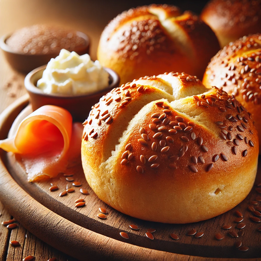 Diese Brötchen sind reich an Ballaststoffen und enthalten nur wenige Kohlenhydrate. Sie werden mit Leinsamenmehl zubereitet und sind eine gesunde Alternative zu traditionellen Brötchen.<br>Serviert warm mit Frischkäse und Lachs.