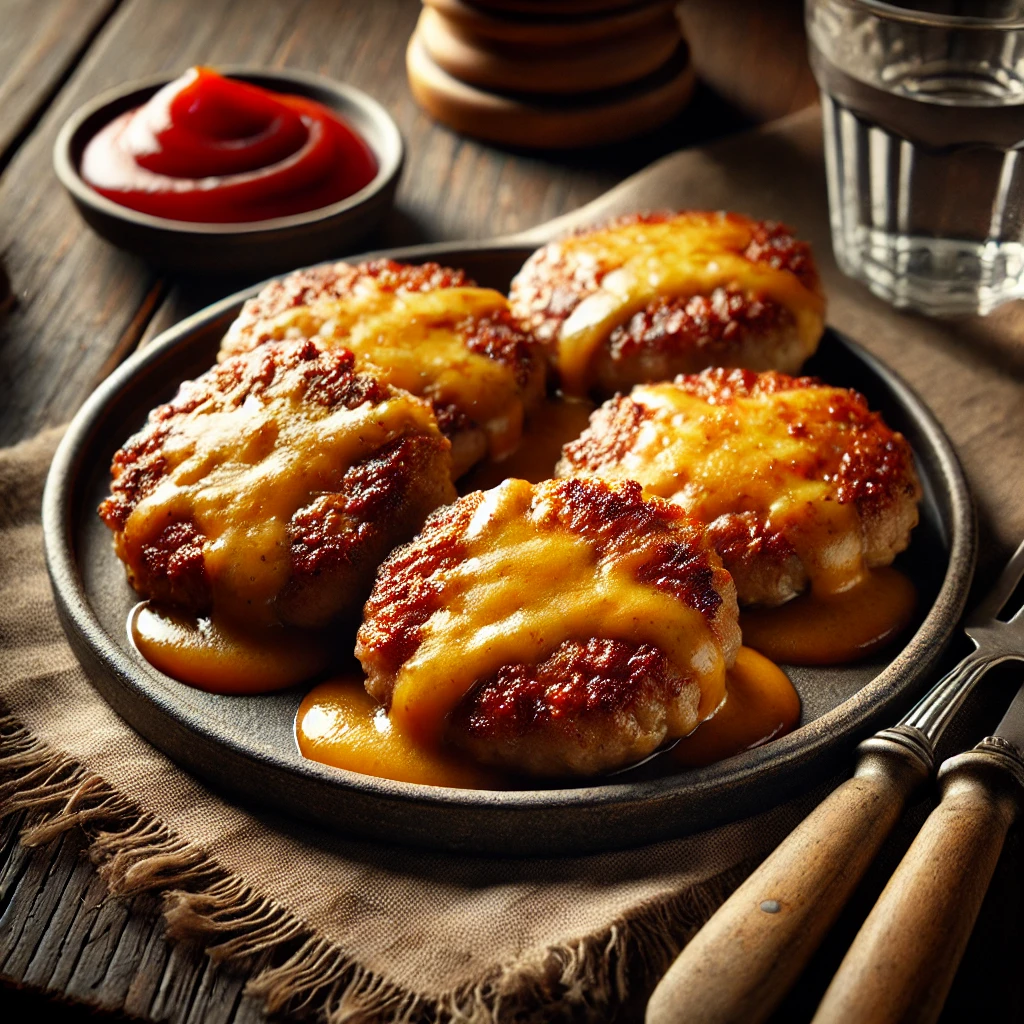 Saftige Frikadellen, gefüllt mit geschmolzenem Käse. Ein herzhaftes und leckeres Hauptgericht, das besonders gut zu Kartoffelpüree oder Gemüse passt.<br>Serviert mit einer würzigen Sauce oder Ketchup.