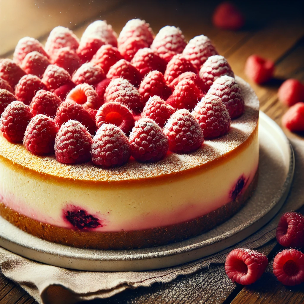 Ein fruchtiger Käsekuchen mit einer cremigen Quarkfüllung und frischen Himbeeren. Perfekt für den Sommer oder als erfrischender Nachtisch.<br>Serviert mit Puderzucker bestreut und zusätzlichen Himbeeren.