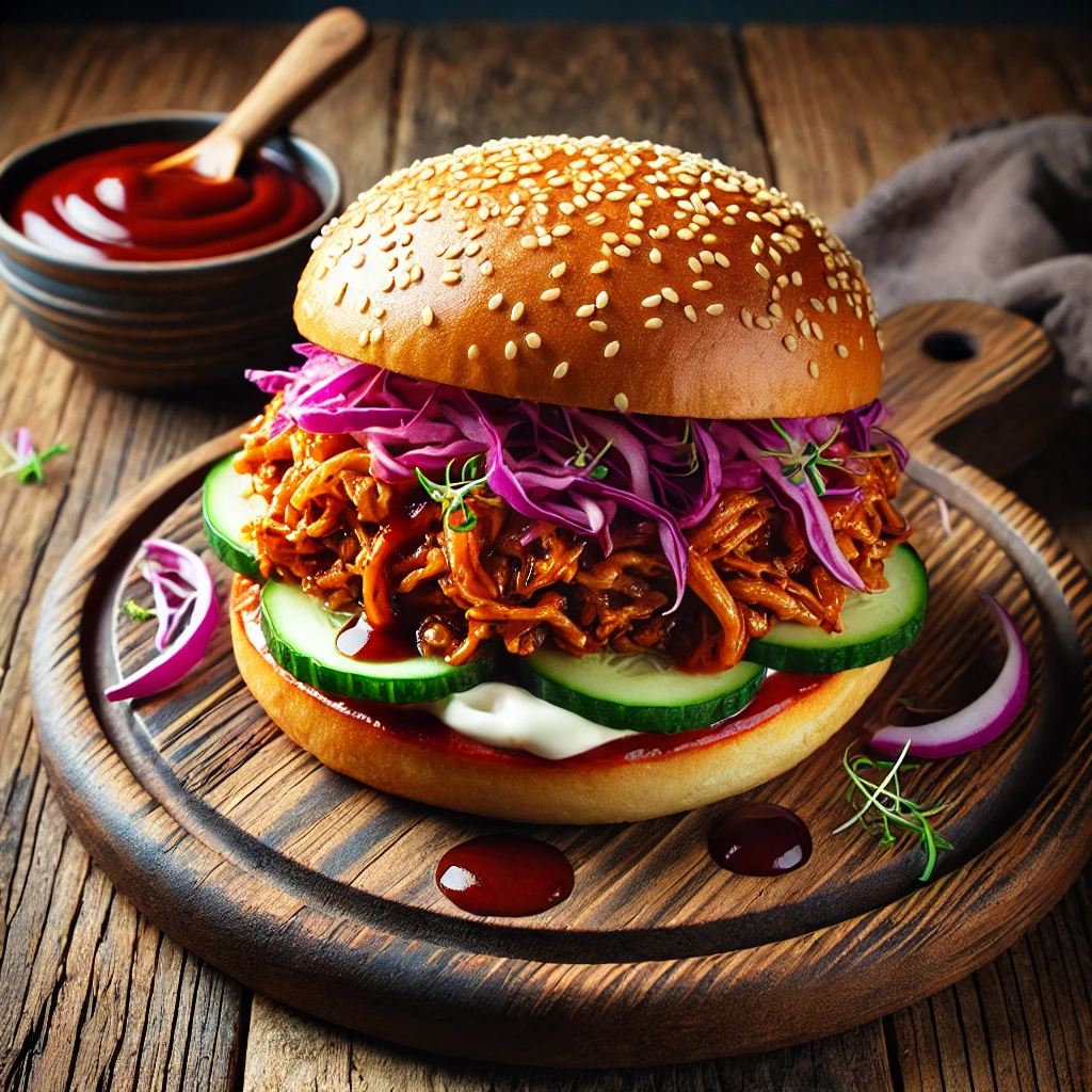 Ein veganer BBQ-Burger mit zarter, würziger Jackfruit in hausgemachter BBQ-Sauce, serviert auf fluffigen Burgerbrötchen mit knackigem Rotkraut und Gurkenscheiben. Ein rauchiger Genuss für alle!