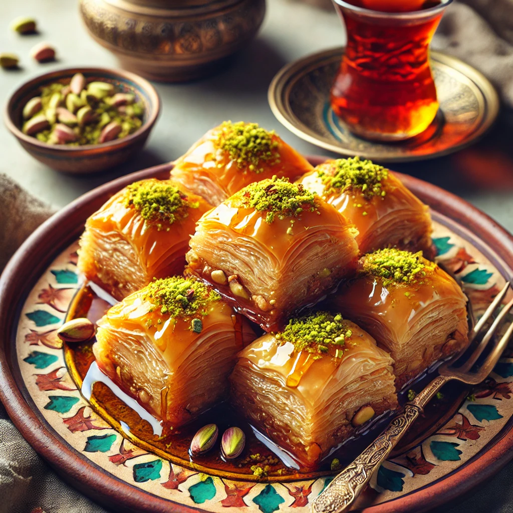 Diese marokkanische Baklava besteht aus schichtenweise Filo-Teig, gefüllt mit Nüssen und getränkt in Honigsirup, garniert mit Pistazien.<br>**Empfohlene Beilagen** Minztee.<br>Dieses Rezept ist für 4 Portionen.