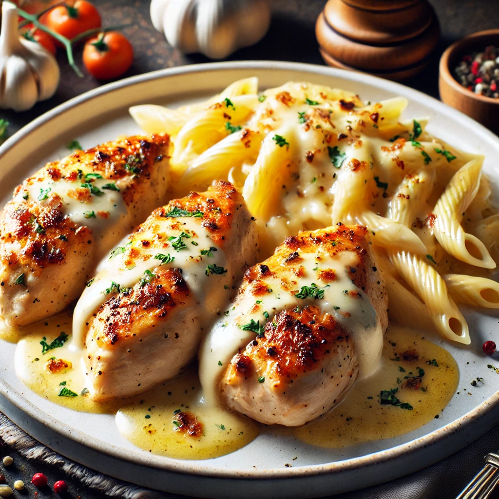 Hähnchenbrustfilets, überbacken mit einer cremigen Vier-Käse-Sauce, serviert mit Pasta und frischen Kräutern. Perfekt geschmolzener Käse, umhüllt von einer reichhaltigen Sauce.<br><strong>Empfohlene Beilagen</strong><br>Pasta und frische Kräuter.<br><br>Dieses Rezept ist für 4 Personen.