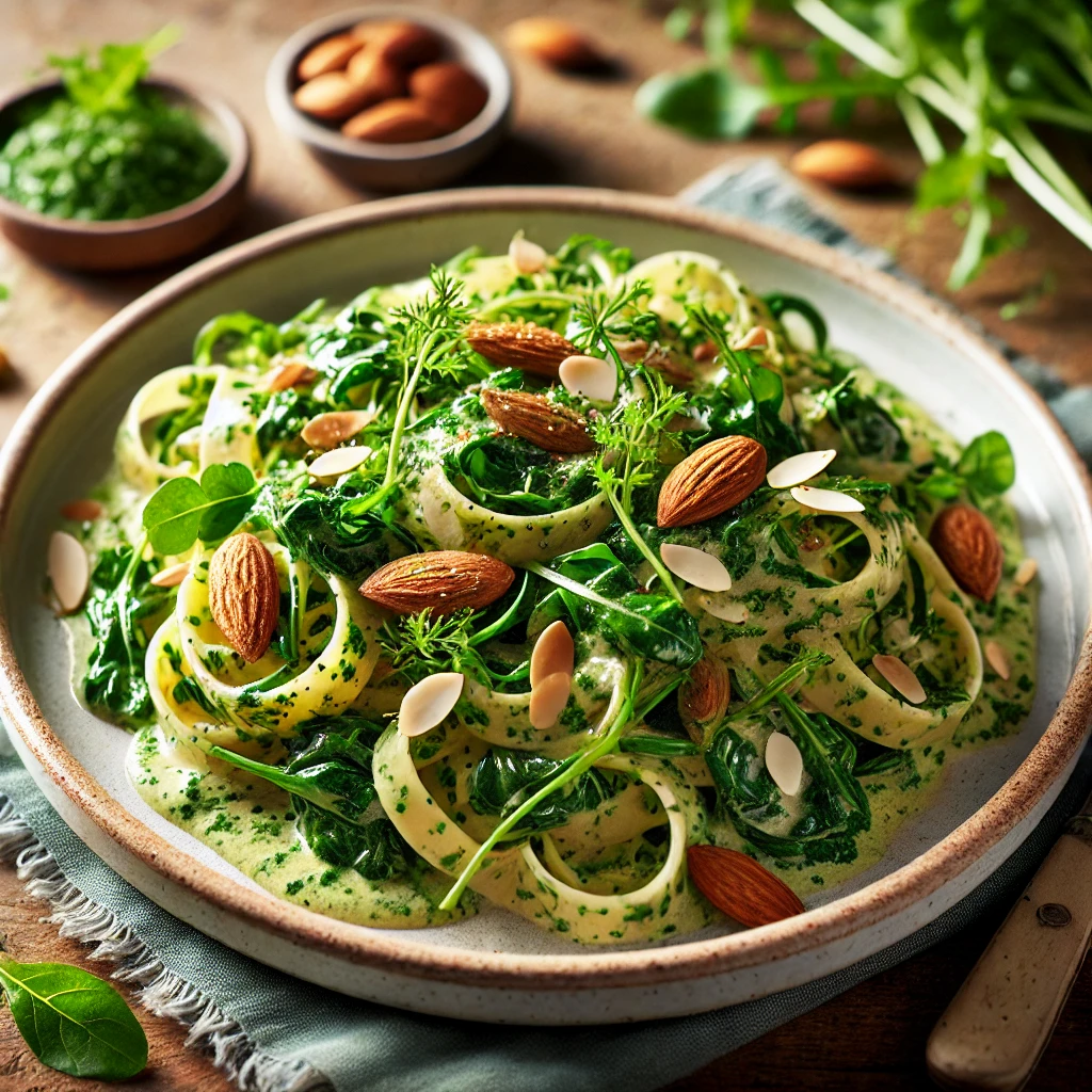 Eine köstliche Kombination aus Tagliatelle, frischer Brunnenkresse und einer cremigen Mandelsoße. <br>Empfohlene Beilagen<br>Ein frischer Salat.<br>Dieses Rezept ist für 4 Personen.