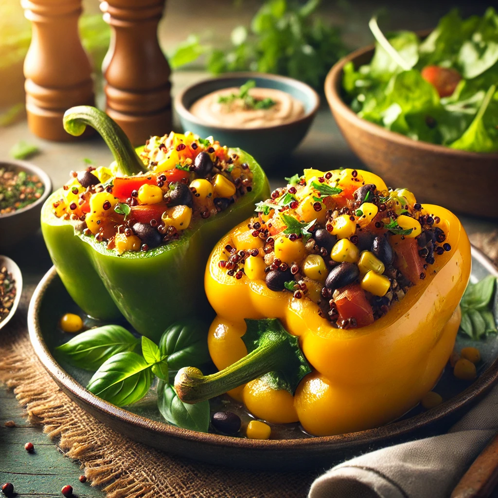 Bunte gefüllte Paprika, reich gefüllt mit Quinoa, schwarzen Bohnen und Gewürzen. <br>Empfohlene Beilagen<br>Ein frischer Salat und Tahini-Sauce.<br>Dieses Rezept ist für 4 Personen.