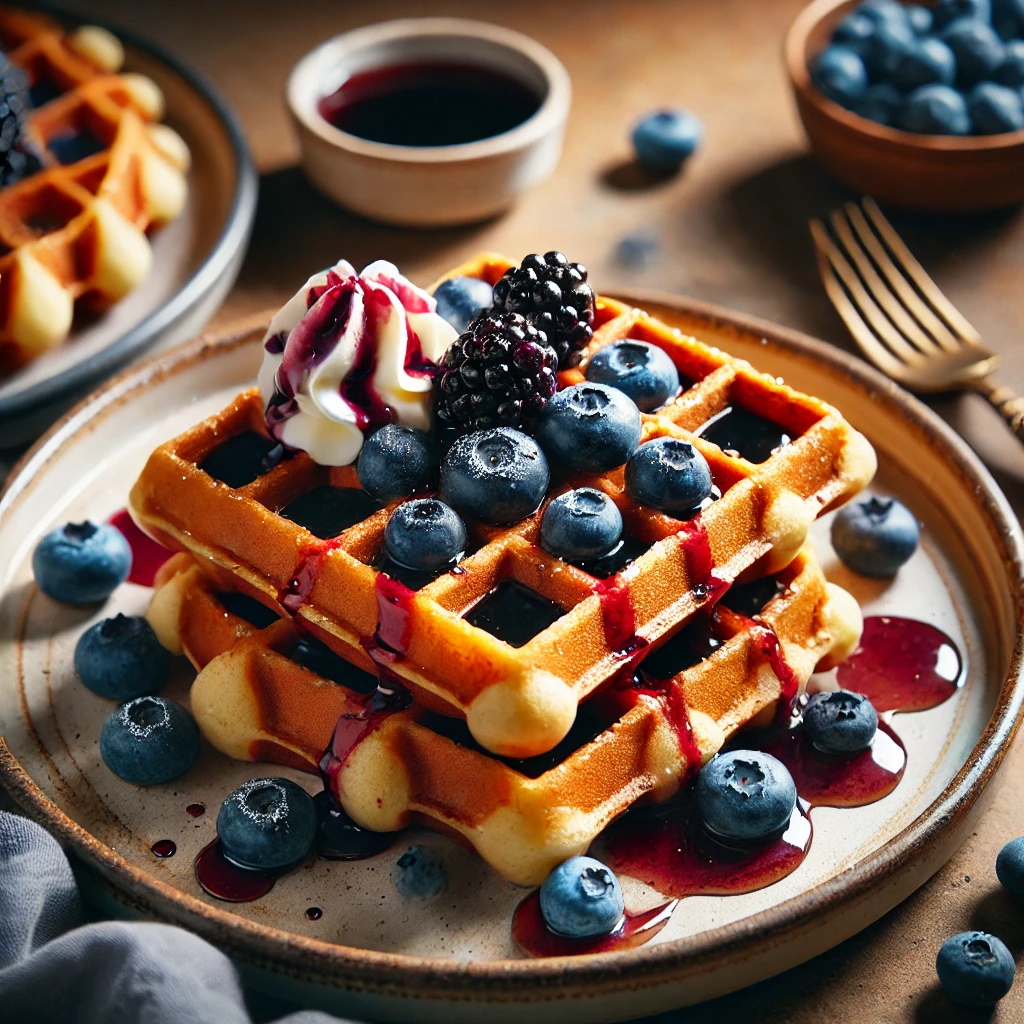 Diese knusprigen Blaubeerwaffeln sind perfekt für ein süßes Frühstück oder Dessert, verfeinert mit frischen Blaubeeren und einer hausgemachten Blaubeersauce.<br>**Empfohlene Beilagen** Ahornsirup, Schlagsahne.<br>Dieses Rezept ist für 4 Portionen.