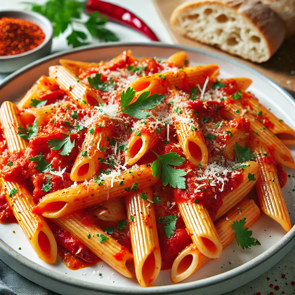 Ein scharfes und veganes Pastagericht mit einer feurigen Tomatensauce und Knoblauch. Empfohlene Beilagen