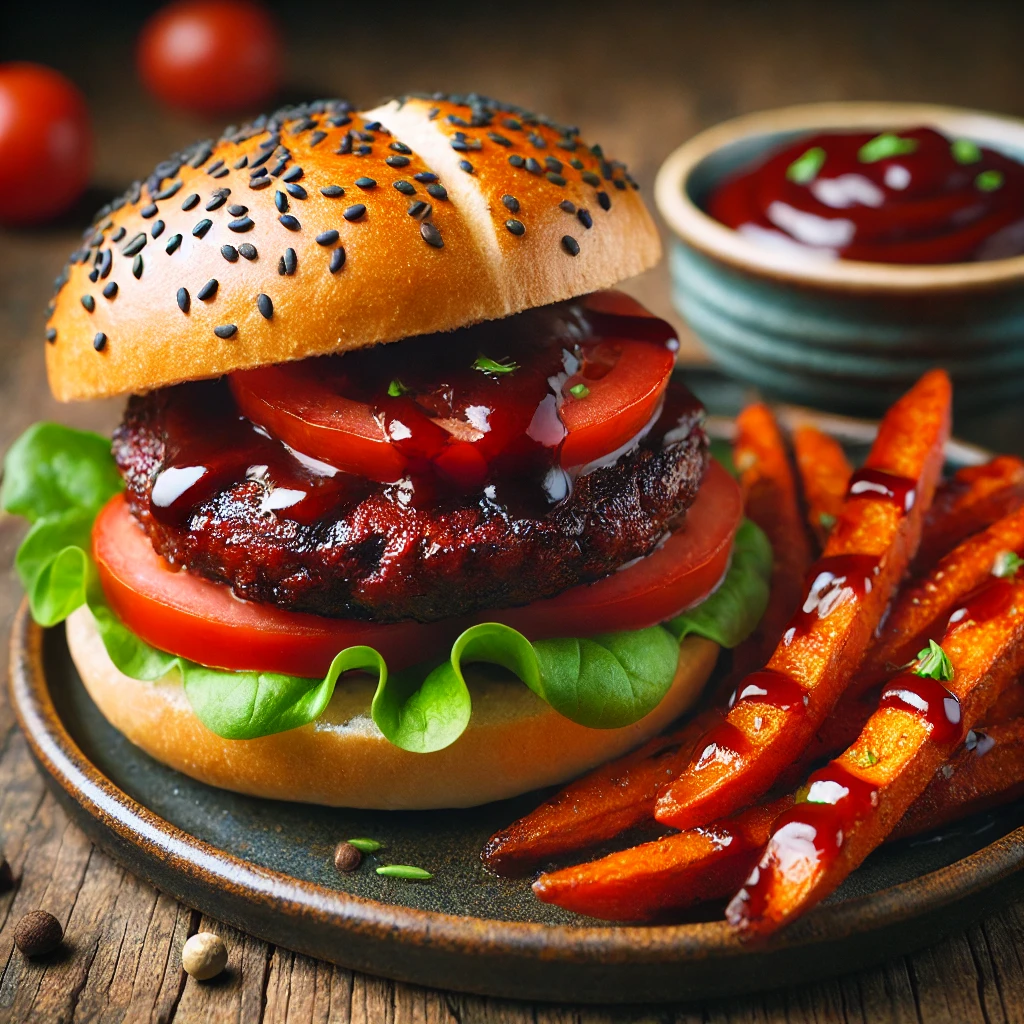 Ein herzhafter veganer BBQ-Burger mit saftigem Patty, hausgemachter BBQ-Sauce und knackigem Gemüse, serviert in frisch gebackenen Burgerbrötchen. Perfekt für Burger-Liebhaber!