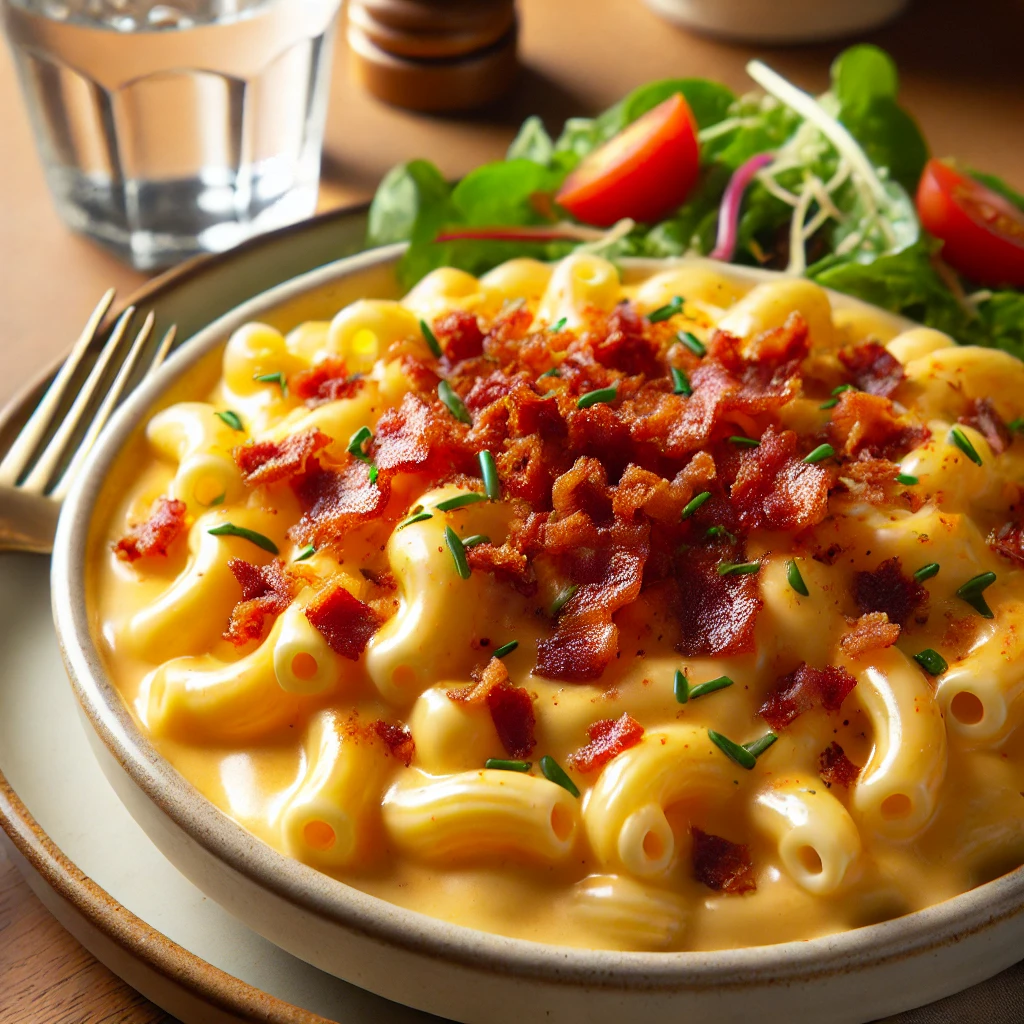 Cremige Macaroni in einer Cheddar-Käsesauce, gekrönt mit knusprigen Speckstücken. Empfohlene Beilagen