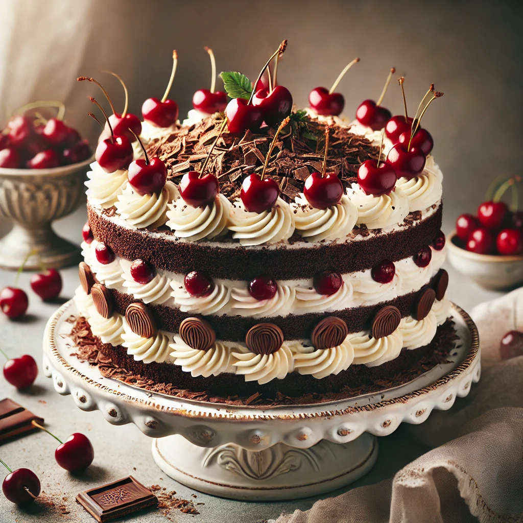 Diese traditionelle deutsche Schwarzwälder Kirschtorte besteht aus schokoladigem Biskuit, sahniger Füllung und saftigen Kirschen, perfekt für besondere Anlässe.<br>**Empfohlene Beilagen** Kaffe oder Tee.<br>Dieses Rezept ist für 8 Portionen.