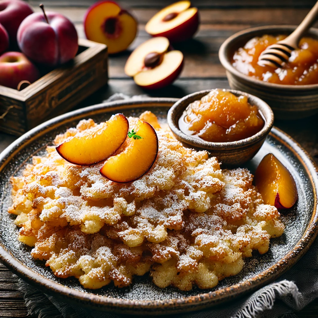 Kaiserschmarrn ist ein fluffiger, zerrissener Pfannkuchen aus der österreichischen Küche, der traditionell mit Puderzucker bestreut und mit Zwetschgenröster oder Apfelmus serviert wird. <br>Empfohlene Beilagen<br>Zwetschgenröster oder Apfelmus.<br>Dieses Rezept ist für 4 Personen.