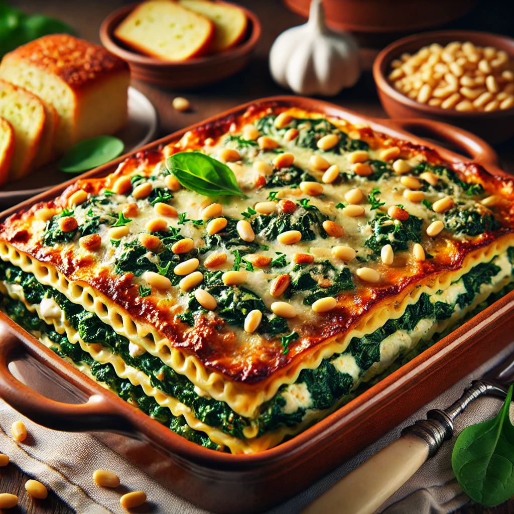 Eine leichte und köstliche Lasagne-Variante mit frischem Spinat und cremigem Ricotta. Perfekt für Vegetarier. <br>Empfohlene Beilagen<br><strong>Knoblauchbrot</strong>.<br>Dieses Rezept ist für 3 Personen.