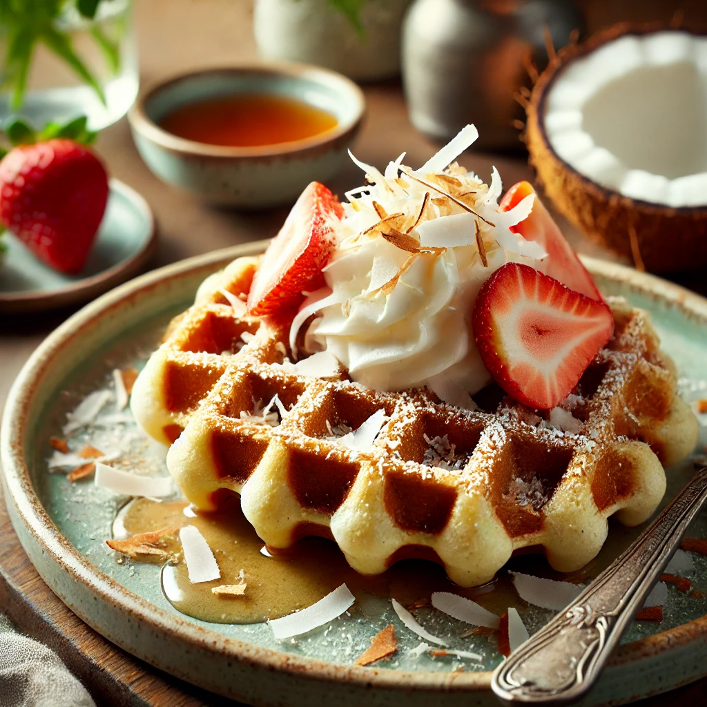 Diese knusprigen Kokoswaffeln sind ein tropischer Genuss, perfekt für ein exotisches Frühstück oder Dessert.<br>**Empfohlene Beilagen** Ahornsirup, frische Erdbeeren.<br>Dieses Rezept ist für 4 Portionen.