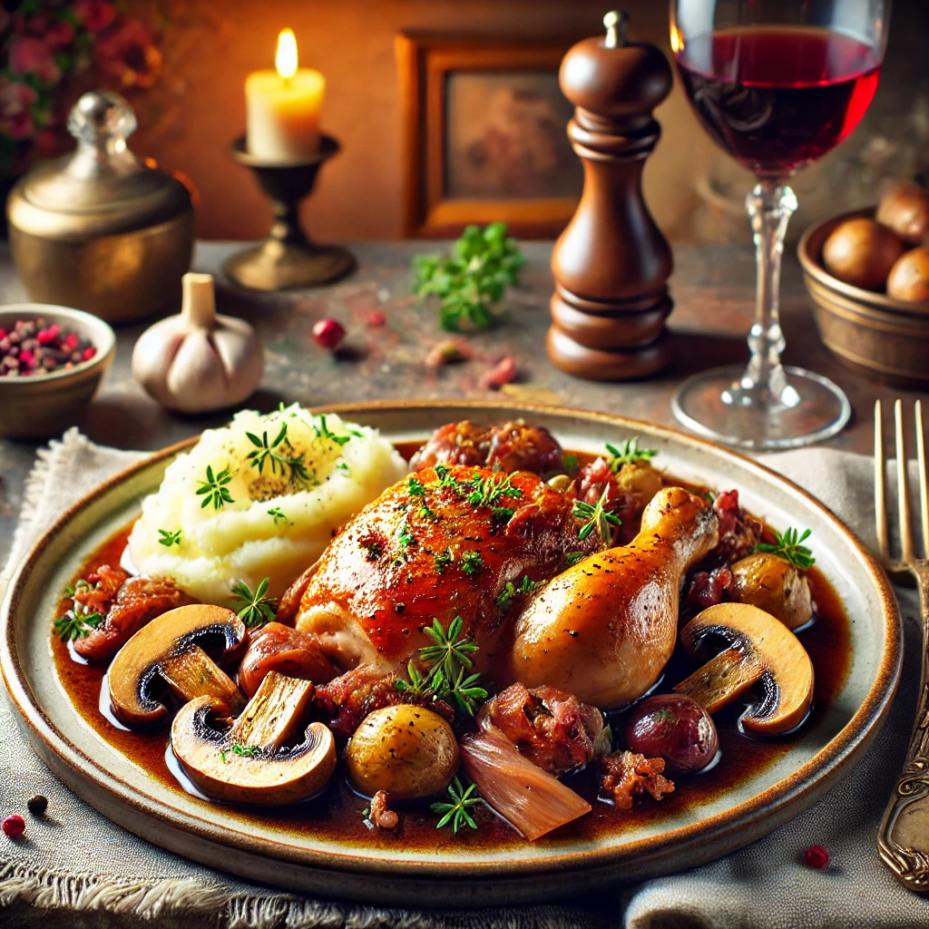 Coq au Vin ist ein traditionelles französisches Gericht, bei dem Hähnchen in Rotwein mit aromatischen Zutaten geschmort wird. Es ist ein perfektes Gericht für besondere Anlässe.<br>**Empfohlene Beilagen** Cremiges Kartoffelpüree.<br>Dieses Rezept ist für 6 Portionen.